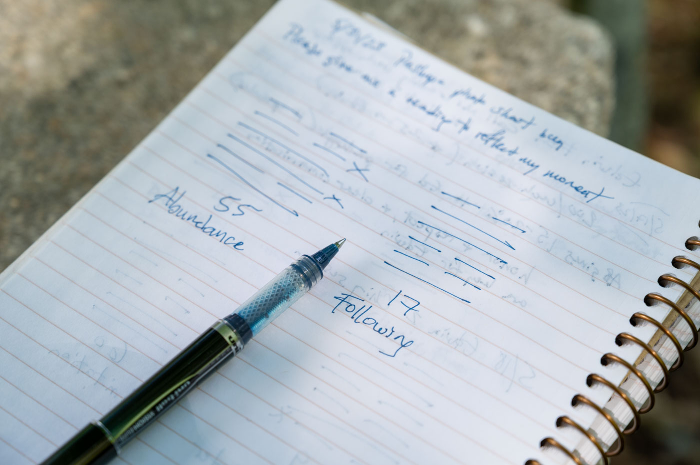 A handwritten I Ching reading in a spiral notebook, hexagram lines drawn beside a fountain pen
